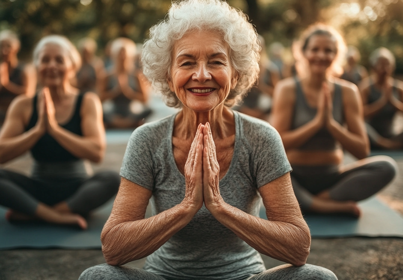 Жінка старшого віку практикує йогу